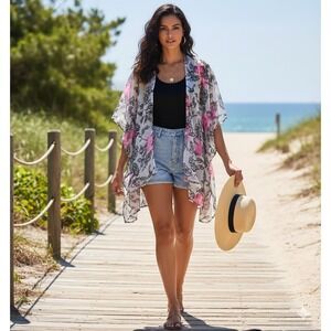 Lush Floral Sheer Lace Kimono Womens XS Boho Festival Cottagecore Beachy Fun NWT